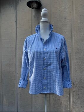 Vineyard Vines Restyled Blue Gingham Ruffled Neck Boxy Button-Down Women's Shirt